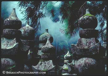 Symbolic Images. Ancient Buddhist cemetary at Koyasan Mountain monastery, near Nara Japan. Elements, in symbols from roots of Buddhism