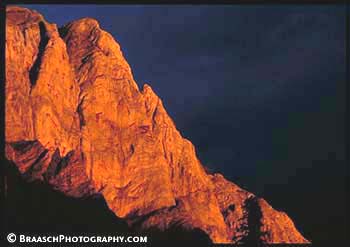 Mountains. Rocks, rock types. Limestone. Sunset. Wallowa Mts, Oregon. Orange