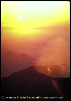 Mount St.Helens volcano after initial erupton in May 1980, Aerial from above crater. Volcanos. Crater. Sunset. Danger